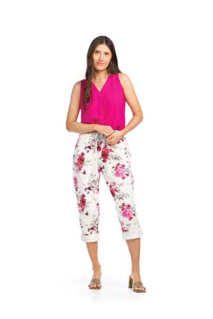 PP-16825 - FLORAL STRETCH COTTON BLEND PANTS WITH ELASTIC WASITBAND - Colors: AS SHOWN - Available Sizes:XS-XXL - Catalog Page:83 